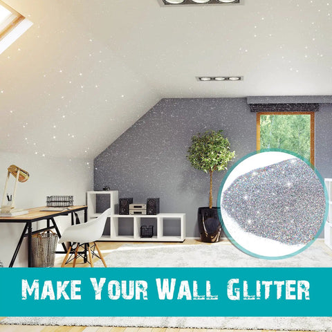 Interior room with sparkling wall featuring 500G Silver Holographic Glitter Paint Additive for Interior Exterior Walls Ceilings Wood and Acrylic Crafts Sparkling Metallic Powder Mix for DIY Projects, Art, and Home Decor