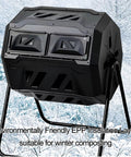 Dual Chamber 160L Compost Bin With 360 Degree Tumbling Rotating Composter placed in snowy outdoor setting