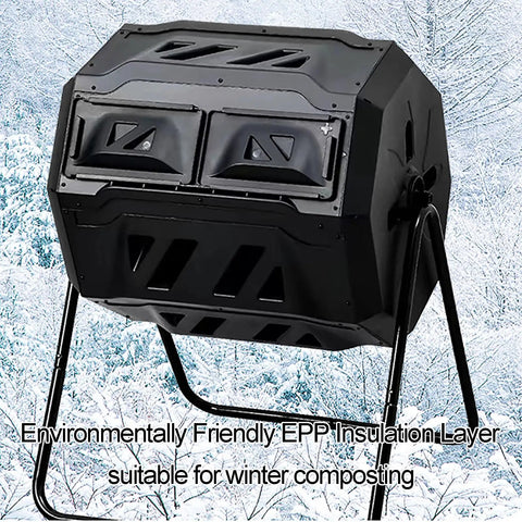 Dual Chamber 160L Compost Bin With 360 Degree Tumbling Rotating Composter placed in snowy outdoor setting