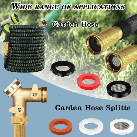 Image showing Solid As A Rock 129 Piece Garden Hose Washer And Shower Gasket Assortment Kit with hose, connectors, and seals.