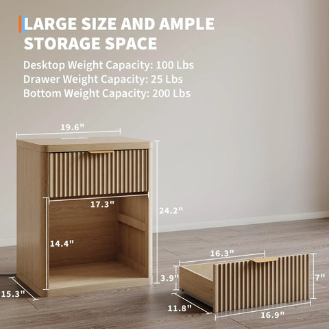 Fluted Nightstand With Built In Charging Station One Drawer And Open Storage Metal Handles Curved Edges Mid Century Modern Bedside Table For Bedroom Or Living Room Must Have with dimensions and weight capacities displayed.