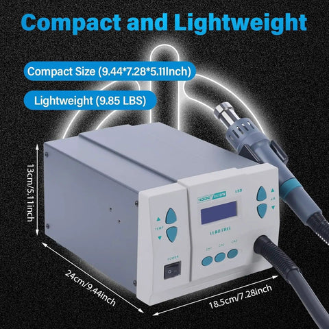 Compact and lightweight 1000W Hot Air Soldering Station With Three Nozzles Auto Sleep Mode Smart Digital Display shown with dimensions