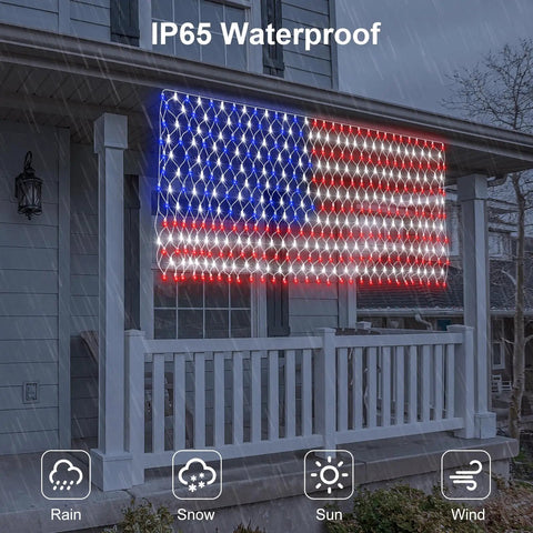 Solar American Flag Net Lights Outdoor 420 LEDs 6.5ft By 3.28ft Epic Bright Flag Mesh Solar Powered auto on porch in rain