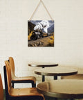 Locomotive Train Acrylic Hanging Ornament for Window and Wall Decor 8x8 Inch in cafe setting with railroading style.