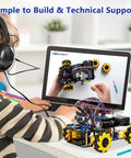 ACEBOTT Smart Robot Car Kit; front-view of yellow-wheeled Arduino-compatible robotic car with exposed circuitry on a desk.
