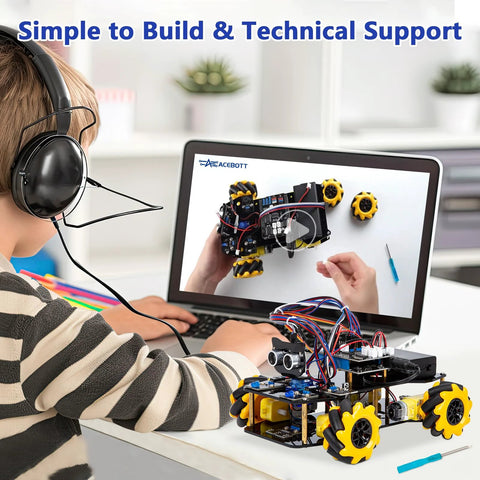 ACEBOTT Smart Robot Car Kit; front-view of yellow-wheeled Arduino-compatible robotic car with exposed circuitry on a desk.