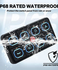 8 Gang RGB LED Touch Switch Panel For 12 24V Vehicles Waterproof Dimmable With Memory Built For Cars Trucks Offroad Marine Boats And Easy Access Control For Lights And Accessories with water splash, showing IP68 rating