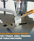 Auto Adjust 6 Inch Drill Press Clamp For Woodworking And Metalworking, installed on a drill press, showing clamping mechanism.