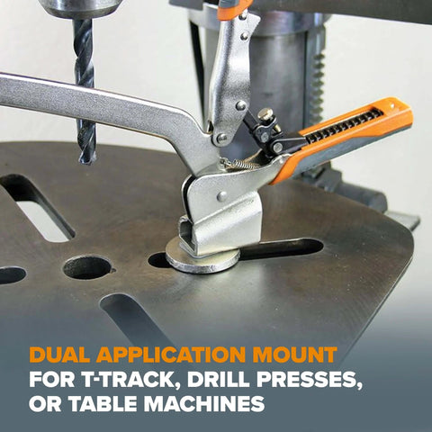 Auto Adjust 6 Inch Drill Press Clamp For Woodworking And Metalworking, installed on a drill press, showing clamping mechanism.
