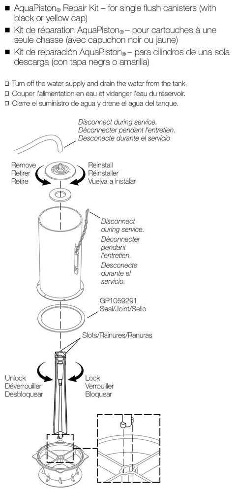 Diagram of GP1229656 Canister Repair Kit for Single Flush Toilets with labeled parts and installation steps.
