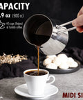 Go-To Turkish Coffee Pot Cezve Ibrik Briki Stainless Steel Stove Top Pot For Turkish Arabic Greek Brews Milk Warmer Chocolate Melting Pot With Spout Chai Pot 16.9 Oz (500 Ml) pouring coffee into cup