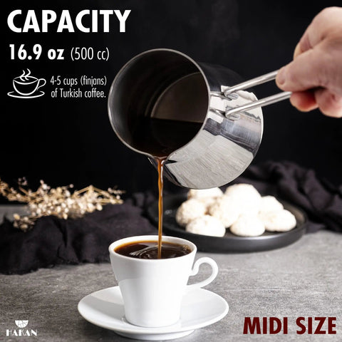 Go-To Turkish Coffee Pot Cezve Ibrik Briki Stainless Steel Stove Top Pot For Turkish Arabic Greek Brews Milk Warmer Chocolate Melting Pot With Spout Chai Pot 16.9 Oz (500 Ml) pouring coffee into cup