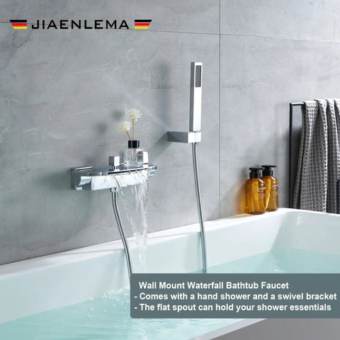 Wall Mount Waterfall Bathtub Faucet With Handheld Shower In Brushed Gold Finish installed on bathroom wall above tub
