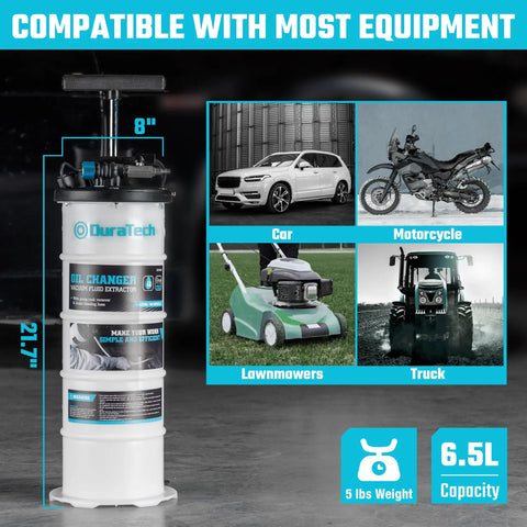 6.5L Oil Extractor Pump With Pneumatic And Manual Modes next to compatible equipment images, including car, motorcycle, lawnmower, and truck.