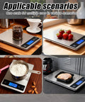 Collage showing Digital Kitchen Scale For Home Chefs With 33Lb Capacity, Precise 1g/0.1oz Weighing For Baking And Cooking, Rechargeable 304 Stainless Steel, LCD Display, Batteries Included, Easy Tare, Auto Off And Backlit Readout in use with various ingredients like coffee, strawberries, and chicken.