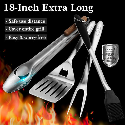 18 Inch Stainless Steel BBQ Tools Set With Tongs Spatula Fork And Brush, Heavy Duty Grillin Kit for Backyard Barbecue, flame background