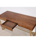 Game Changing Adjustable Standing Desk With Dang Sturdy Gold Metal Legs And Smooth Walnut Top Featuring No Sweat Height Adjustments For Cozy Bedrooms Or Epic Gaming Setups showing open drawer.