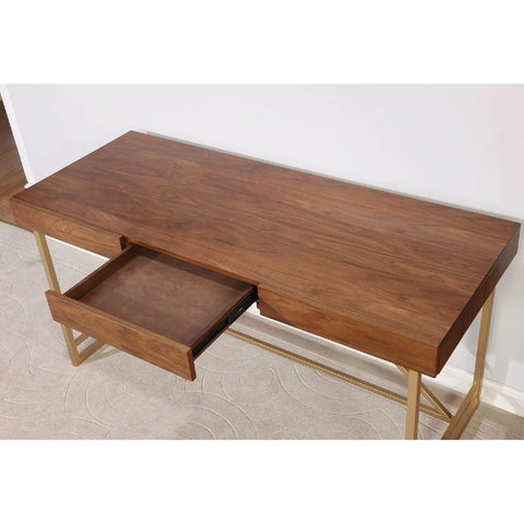 Game Changing Adjustable Standing Desk With Dang Sturdy Gold Metal Legs And Smooth Walnut Top Featuring No Sweat Height Adjustments For Cozy Bedrooms Or Epic Gaming Setups showing open drawer.