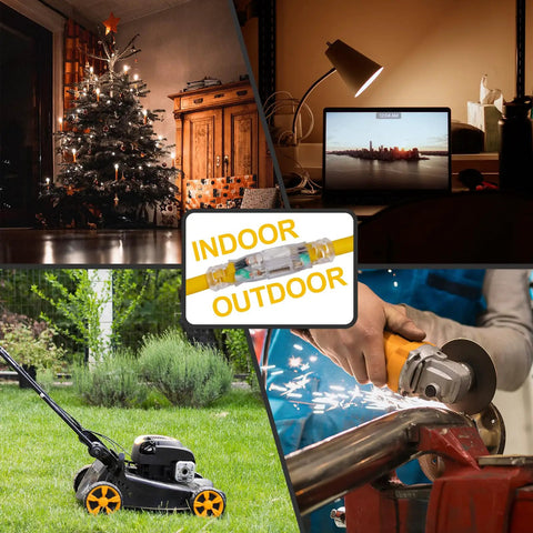 Two Pack 25 Foot Lighted Outdoor Extension Cord Beefy 12 Gauge SJTW Heavy Duty Yellow Cable With 3 Prong Grounded Plug LED Indicator Lights See It In The Dark used with Christmas trees, lawn mowers, and tools indoors and outdoors.