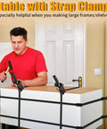 Man using Beefy 13 Ft Woodworking Belt Band Clamps With Quick Release For Glue Ups And Picture Frames on cabinet assembly.