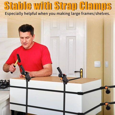 Man using Beefy 13 Ft Woodworking Belt Band Clamps With Quick Release For Glue Ups And Picture Frames on cabinet assembly.
