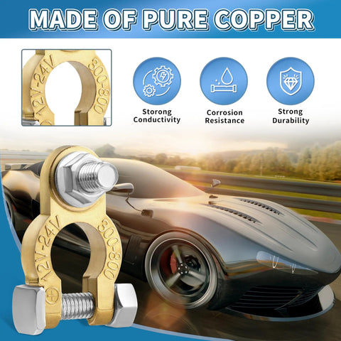 Two Pair Battery Terminal Connectors With M8 Bolts 21mm Long, Pure Copper Cable Ends With Anti Corrosion Pad in front of car