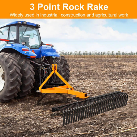 61 Inch Tow Behind Rock Rake For Lawn Tractor, Heavy Duty Tough As Nails 3 Point Dethatcher With 360 Degree Rotation, 32 Steel Tines