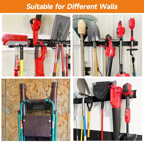 Heavy Duty 48 Inch Wall Mount Garden Tool Organizer Rack With Six Hooks For Yard Tools, Rakes And Shovels, Garage Storage System