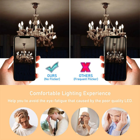 Comparison of flicker-free dimmable E12 LED candle bulb 4000K daylight for chandeliers with frequent flicker example