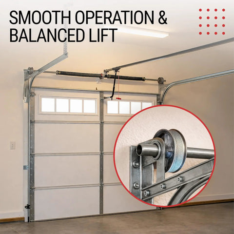 Garage Door Cable Drum Set for Standard Lift Aluminum Construction Heavy Duty 530 Lb Capacity Fits Up To 8 Ft Doors Replacement Parts for Smooth Balanced Operation installed on a garage door.