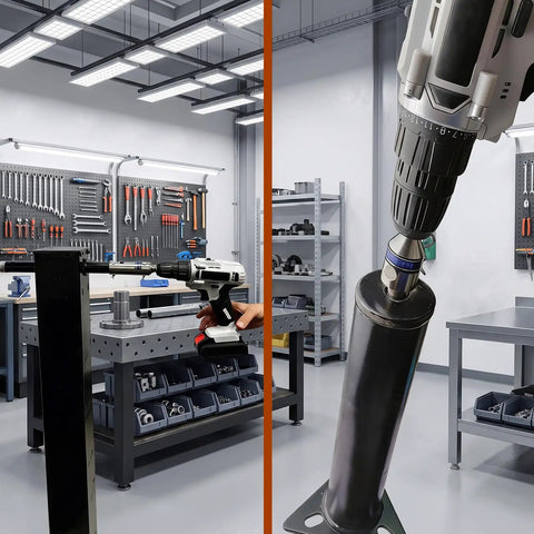Heavy Duty Two In One Trailer Jack Drill Adapter For One Inch And Half Inch Drive Shafts Straight Up connected to a drill in workshop.