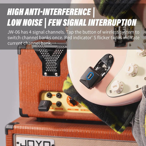 Five Point Eight Gigahertz Wireless Guitar System With Charging Case Pro Grade Dope Low Latency Clean Signal Four Channel Transmitter attached to guitar