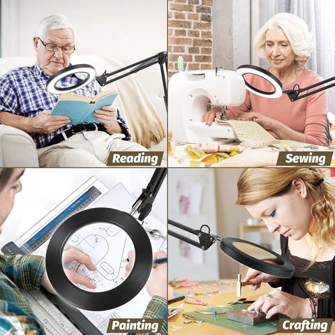 Pro Grade 10X 5 Inch Real Glass Magnifier With LED Light And Stand used for reading, sewing, painting, and crafting