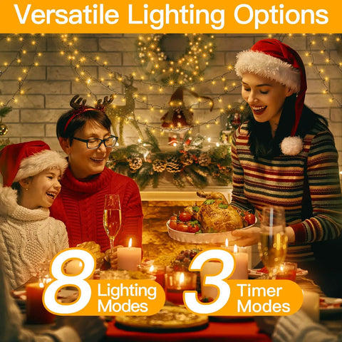 Family enjoying dinner with 262ft Outdoor Christmas Lights With 800 LEDs, Plug In Exterior String Lights in warm decor.