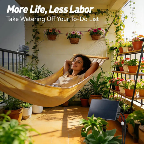 Woman relaxing on a balcony hammock with solar powered drip irrigation kit watering plants, showcasing easy setup for balconies.