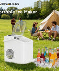 Countertop Ice Maker With Handle, Fast 6 To 8 Minute Bullet Ice Cubes, Produces 26 Lbs Per Day, in a backyard camping scene