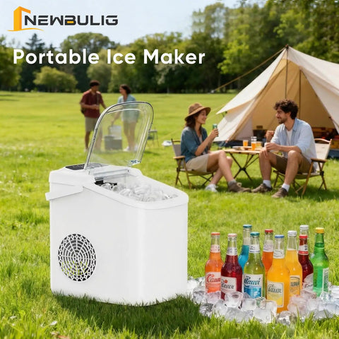 Countertop Ice Maker With Handle, Fast 6 To 8 Minute Bullet Ice Cubes, Produces 26 Lbs Per Day, in a backyard camping scene