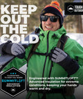Person wearing Insulated Waterproof Snow Gloves For Men And Women SummitLoft Warmth Breathable MoistureWicking Lining Skiing And Snowboarding Ready Touchscreen Compatible Cold Weather Winter Gear For All Day Comfort in winter setting with skis.