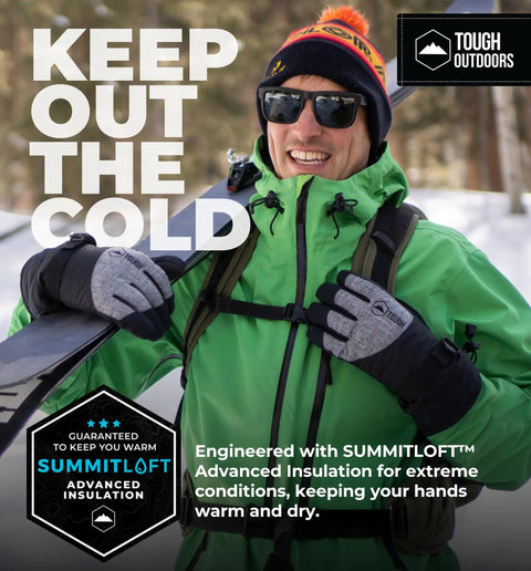 Person wearing Insulated Waterproof Snow Gloves For Men And Women SummitLoft Warmth Breathable MoistureWicking Lining Skiing And Snowboarding Ready Touchscreen Compatible Cold Weather Winter Gear For All Day Comfort in winter setting with skis.
