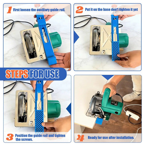 Step-by-step guide for Pro Grade Adjustable Cutting Machine Base Guide with Innovative Circular Saw Clamp positioning and use.