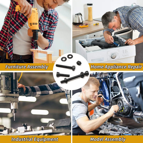 Collage of uses for 500 Piece M3 Screws Set with hex socket head bolts, nuts, washers in furniture, home, industrial, model assembly.