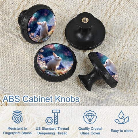 Four Pack Rabbit Flower Cabinet Knobs 1.37 Inch Round Drawer Pulls with rabbit design on beige background