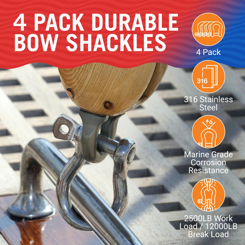Heavy Duty 316 Stainless Steel D Ring Shackles 4 Pack Marine Grade Bow Or Clevis Anchor Shackle For Boats And Sailboats Rigging Rope Chain Clasp Ideal For Kayaks Tow Boats And All Marine Gear.