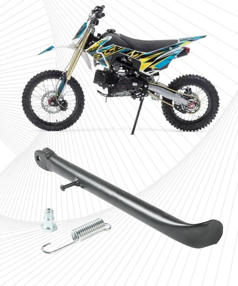 Dirt Bike Stand For Dirt Pit Bikes And Mini Bikes With Spring, Motorcycle Kickstand shown with bike, spring, and mounting nail