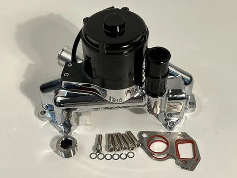Badass High Flow Aluminum Electric Water Pump For Ls1 Ls2 Ls3 Ls6 Engines Featuring Chrome Polished Finish And Direct Bolt On Track Ready 35 Gpm Upgrade For Street Cars, showing pump and accessories.