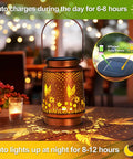 Outdoor Solar Lantern With Hummingbird Pattern on table surrounded by lit candles, bronze finish, 6.7x4.7 inches, cozy evening vibe