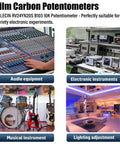 Collage showing film carbon potentiometers used in audio equipment, electronic instruments, musical instruments, and lighting adjustment.