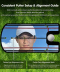 Putting Mirror Alignment Training Aid For Golf reflecting golfer's face with alignment lines on green grass background