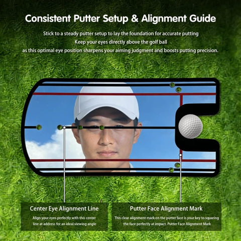 Putting Mirror Alignment Training Aid For Golf reflecting golfer's face with alignment lines on green grass background