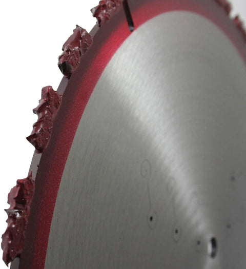 Close-up of Beefy 12 Inch Carbide Chunk Blade With 1 Inch Arbor for Rescue and Demolition, showing heavy duty steel plate and carbide segments.